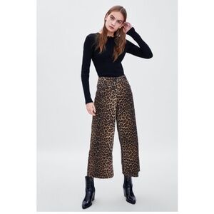 ZARA Leopard Cheetah Animal Print Wide Leg High Waisted Trouser Pants Size 2